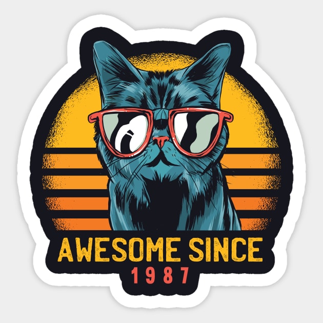 Retro Cool Cat Awesome Since 1987 // Awesome Cattitude Cat Lover Sticker by Now Boarding